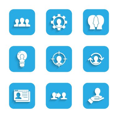 Kafa avcılığı, Proje Ekibi Üssü, Arama Ekibi El, İnsan Kaynakları, Ampullü Özgeçmiş ve Kullanıcı Grubu simgesi. Vektör