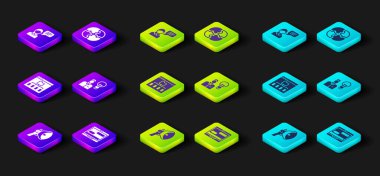 Megafon ayarla, Sohbet mesajları dizüstü bilgisayarı, Tarayıcı dosyaları, Ampullü İnsan, Yapboz Parçası ve Konuşma balonu sohbet simgesi. Vektör