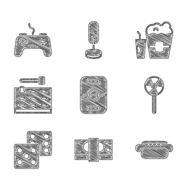 Hokey masası, kağıt para yığını Hotdog, lolipop, oyun zarları, atari makinesi, patlamış mısır kutusu, cam ve Gamepad ikonu. Vektör