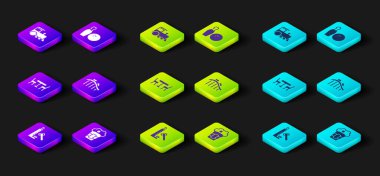 Çekiçli Striker cazibesi, kutuda patlamış mısır, piknik masası sandalyeleri, lunapark treni, bovling pimi ve top ve oyuncak tren ikonu. Vektör