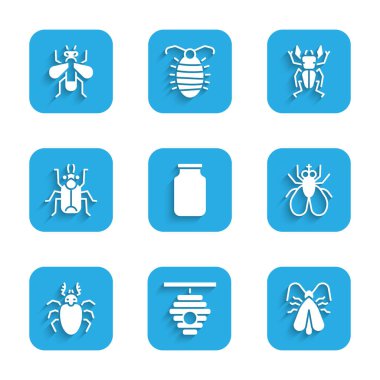 Cam kavanoz, arı kovanı, güve, böcek sineği, böcek geyiği, böcek ve ikon. Vektör