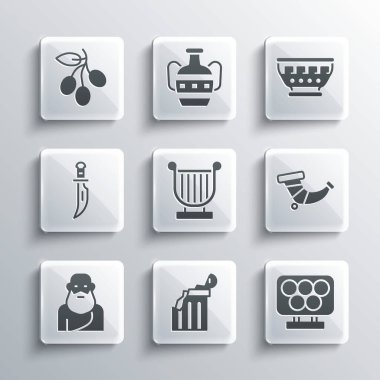 Kırık antik kolon, olimpiyat yüzükleri, av boynuzu, Antik Lir, Sokrates, Hançer, Zeytin dalı ve Yunan kase ikonu. Vektör