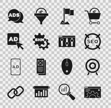 Tarayıcı ayarı, Hedef Spor, SEO optimizasyonu, Konum belirleyicisi, Sosyal medya pazarlaması, Reklamcılık ve simge belirle. Vektör