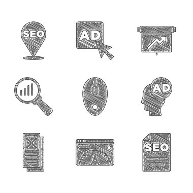 Bilgisayar faresi, web sitesi istatistiği, SEO optimizasyonu, reklamcılık, tarayıcı penceresi, büyüteç ve analizi ayarla, grafik grafiği ve simgesi olan tahta. Vektör