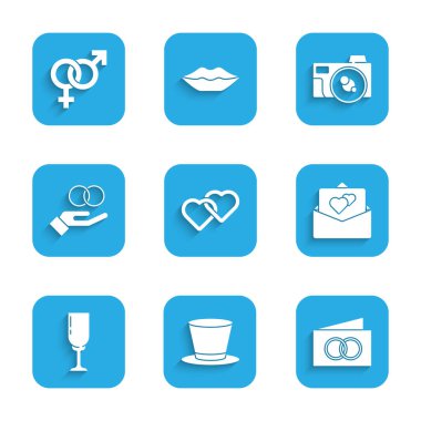 İki Bağlı Kalpler, silindir şapka, tebrik kartı, bir kadeh şampanya, alyans, fotoğraf makinesi ve cinsiyet ikonu. Vektör