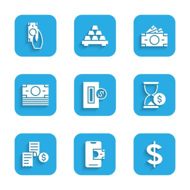 Para yerleştirme, mobil bankacılık, dolar sembolü dolar, kağıt ya da mali çekli kum saati, kağıt para yığını ve hızlı ödeme ikonu. Vektör