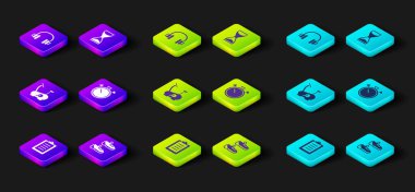 Spor eğitimi programı, spor ayakkabıları, sabit bisiklet, Kum Saati, Eski Kum Saati ve Kulaklık simgesi. Vektör