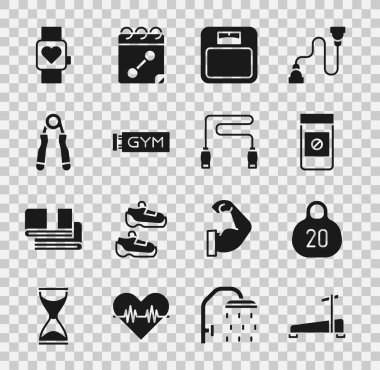 Koşu bandı makinesi, Kettlebell, Anabolik ilaçlar, banyo terazisi, konum spor salonu, spor açıcı, akıllı saat ve ip atlama ikonu. Vektör