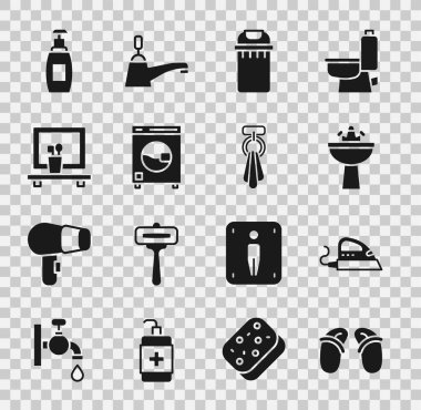 Parmak arası terlikler, elektrikli ütü, çeşmeli lavabo, çöp tenekesi, çamaşır makinesi, ayna, bir şişe sıvı sabun ve havlu askı ikonu. Vektör