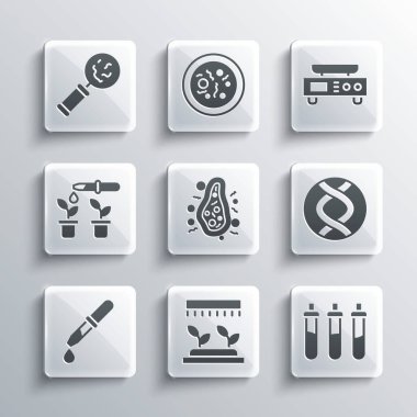 Otomatik sulama fıskiyeleri, Reaktif şişe, DNA sembolü, Bakteri, Pipette ve bitki, mikroorganizmaları büyüteç ve Elektronik ölçek simgesi altında ayarla. Vektör