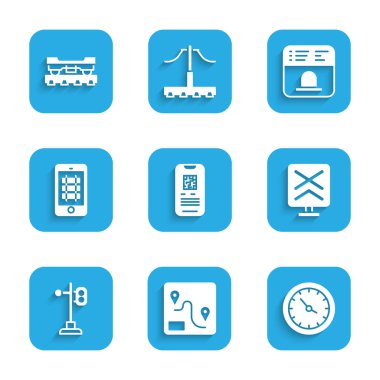 E-bilet konumu, güzergah, tren istasyonu saati, tren yolu geçişi, trafik ışığı, online bilet alma, bilet alma ve kargo vagonu ikonu ikonu. Vektör