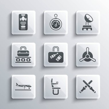 Uçak koltuğu, Marshalling asaları, uçak pervanesi, valizli bavul, taşıyıcı bant, mobil bilet ve Radar ikonu. Vektör