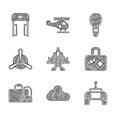 Jet savaş uçağı, Bulut hava durumu, İHA uzaktan kumandası, bavul, uçak pervanesi, sıcak hava balonu ve hava ikonunda metal dedektörü ayarlayın. Vektör