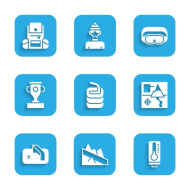 Curling, Mountain descent, Meteoroloji termometresi, Katlanmış harita, Buz hokeyi golü, Ödül kupası, Kayak gözlükleri ve Yürüyüş sırt çantası ikonu. Vektör