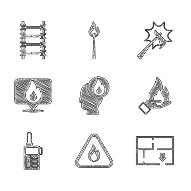 İtfaiyeciyi hazırla, üçgeni ateşle, tahliye planı, el ele tutuşmalar, telsiz konuşmaları, balta ve kaçış ikonu. Vektör