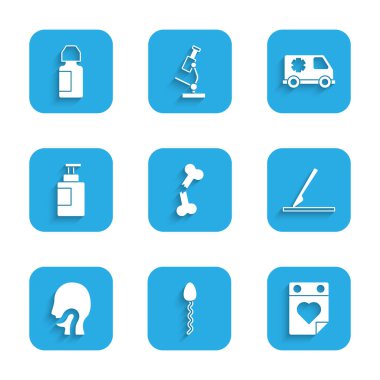 Kırık kemikler, sperm, doktor randevusu, tıbbi cerrahi neşter, boğaz ağrısı, el dezenfektanı şişesi, acil durum arabası ve göz damlası ikonu. Vektör