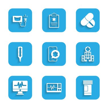 Acil telefon görüşmesi yapın, kardiyogramlı monitör, ilaç şişesi ve haplar, tıbbi hastane binası, termometre, tablet ve ultrason ikonu. Vektör
