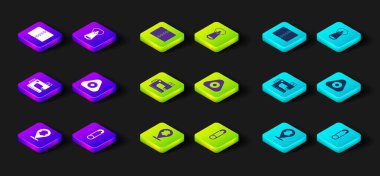 Deri, güvenlik iğnesi, dikiş makinesi, tebeşir, fermuar ve kumaş rulo ikonu. Vektör