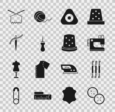 Dikiş düğmesi, örgü kancası, makine, tebeşir, Awl aracı, iplikli iğne, örgü iğnesi ve dikiş ikonu için yüksüğü ayarla. Vektör