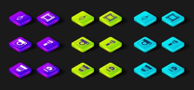 Kamera lensini, fotoğraf makinesini, eylemi, rulo kartuşu ve toz üfleyici simgesini ayarla. Vektör