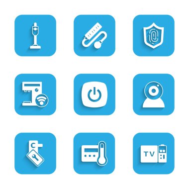 Smart Home, Thermostat, Multimedia ve TV alıcısı, Web kamerası, Dijital kapı kilidi, kahve makinesi, parmak izi ve elektrik süpürgesi ikonu. Vektör