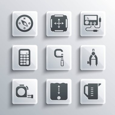 Derinlik ölçümünü, ölçüm kabını, çizim pusulasını, mikrometreyi, rulet inşaatını, hesap makinesini, pusula ve çokölçeri, voltmetre simgesini ayarla. Vektör