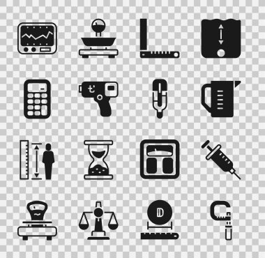 Mikrometre, şırınga, ölçü kabı, viraj cetveli, dijital termometre, hesap makinesi, enstrüman ve tıbbi simgeyi ayarla. Vektör