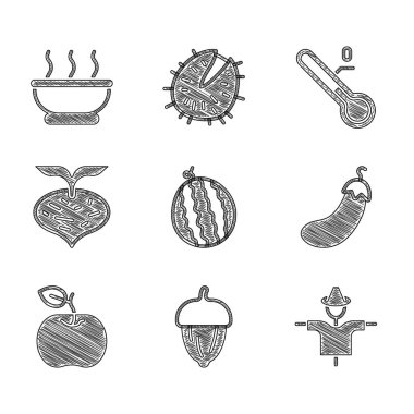 Karpuz, meşe palamudu, korkuluk, patlıcan, elma, pancar, meteoroloji termometresi ve sıcak çorba ikonu. Vektör