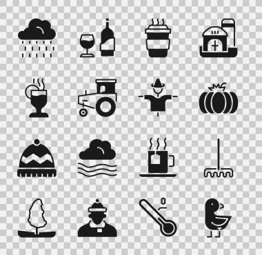 Set Küçük pilici, bahçe tırmığı, balkabağı, kahve fincanı, traktör, sıcak şarap, yağmurlu bulut ve korkuluk ikonu. Vektör