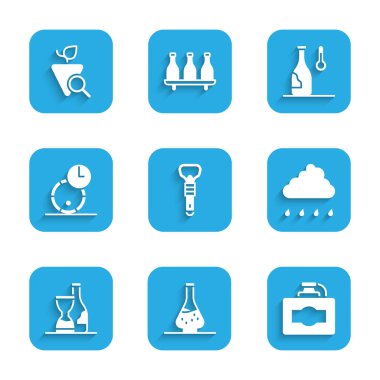 Şişe açacağı, şarap için süsleme, yağmurlu karton kutu, tahta fıçı, şarap sıcaklığı ve üzüm ikonu. Vektör