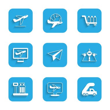 Kağıt uçak, uçak, yolcu merdiveni, bavullu ölçek, yük arabası ve kalkış ikonu ayarlayın. Vektör