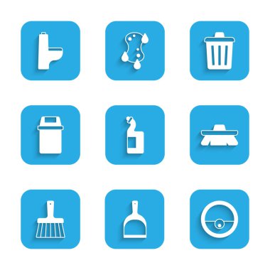 Bulaşık deterjanı şişesi, faraş, robot elektrikli süpürge, temizlik fırçası, süpürge, çöp kutusu ve klozet ikonu. Vektör