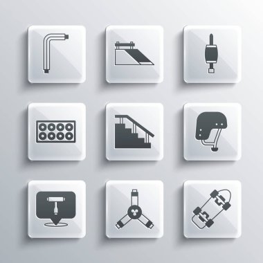 Kaykay Y-aracı, miğfer, raylı merdivenler, T, tekerlek, allen anahtarlar ve tornavida ikonu. Vektör