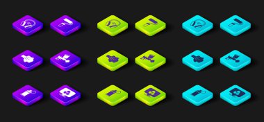 Boya spreyi kutusu, RGB ve CMYK renk karışımı, silah, paten fırçası ve gaz maskesi ikonu ayarla. Vektör