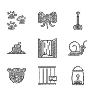 Şelale, Hayvan kafesi, Kamp feneri, Salyangoz, Kaplan kafası, Ağaç kütüğü, Ok ve Pençe baskı ikonu. Vektör