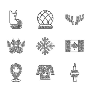Set Snowflake, Hokey forması, Toronto 'da TV CN Tower, Kanada Bayrağı, Kanada akçaağaç yaprağı, Ayı pençesi ayak izi, geyik boynuzu ve buz pateni ikonu. Vektör