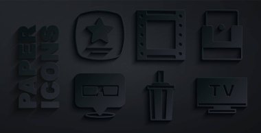 Sulu kağıt bardak, sinema koltuğu, 3 boyutlu sinema gözlükleri, Smart Tv, Şöhretler Yürüyüşü videosu yıldızı ikonu. Vektör