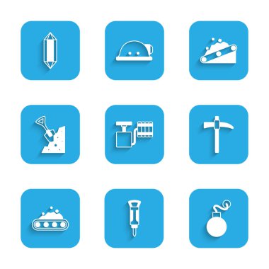 Ateşleyiciyi, inşaat matkabını, bombayı, kazmayı, kömür, kürek taşı ve mücevher simgesini taşıyan taşıyıcı bandı ayarla. Vektör