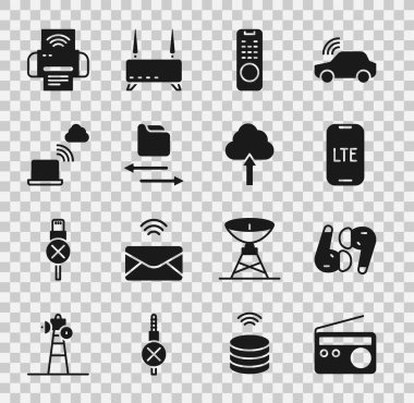 Radyo, Hava kulaklığı, LTE ağı, uzaktan kontrol, transfer dosyaları, Ağ bulut bağlantısı, Akıllı yazıcı sistemi ve Bulut yükleme simgesi ayarlayın. Vektör