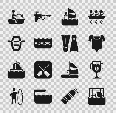 Su topu, ödül kupası, mayo, rüzgar sörfü, yüzme havuzu, kürekli tekne, yüzme ikonu için Jet ski ve Flippers. Vektör