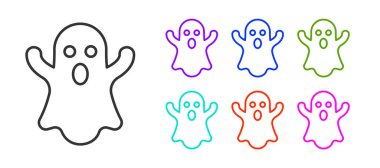 Siyah çizgi Hayalet simgesi beyaz arkaplanda izole edildi. Mutlu Cadılar Bayramı Partisi. Simgeleri renklendirin. Vektör