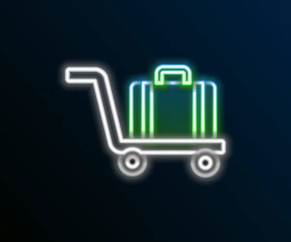 Parlayan Neon Hattı Trolley Bavul Simgesi Siyah Arkaplanda Izole Edildi — Stok Vektör