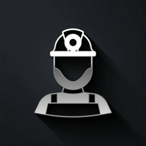 Silver Miner Helm Ikone Auf Schwarzem Hintergrund Langer Schatten Vektor — Stockvektor