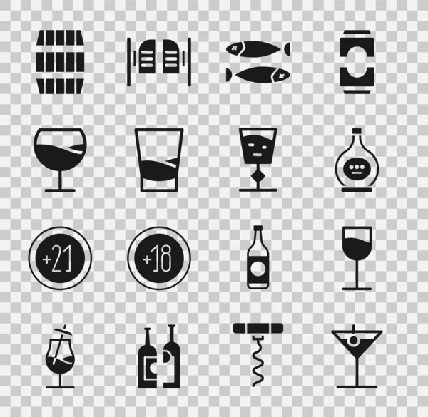 采购产品设置马丁尼杯 葡萄酒 瓶装白兰地或白兰地 玻璃杯伏特加 木桶和图标 — 图库矢量图片
