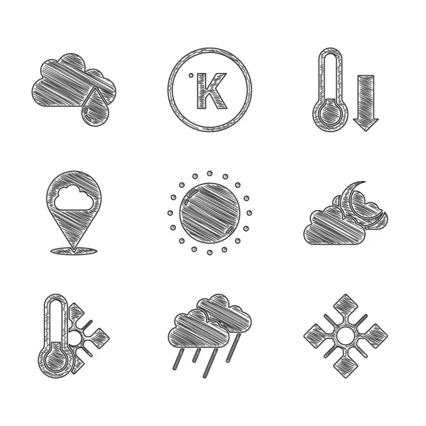 Set Sun Mrak Deštěm Vločka Měsíc Meteorologie Teploměr Umístění Mrak — Stockový vektor