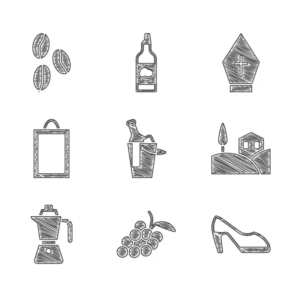 设置酒壶在桶 葡萄果 乡村风景 咖啡摩卡壶 教皇帽和豆类图标 — 图库矢量图片