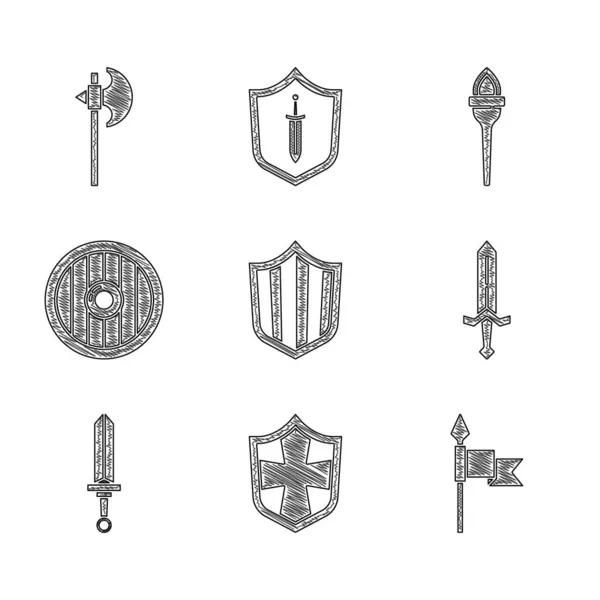 Conjunto Escudo Lança Medieval Espada Escudo Madeira Redondo Ícone Chama — Vetor de Stock