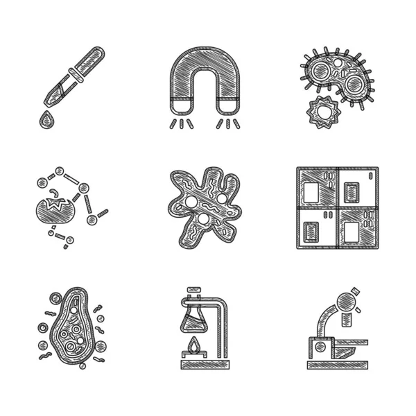 Set Cell Frasco Tubo Ensayo Llamas Microscopio Tabla Periódica Bacterias — Archivo Imágenes Vectoriales