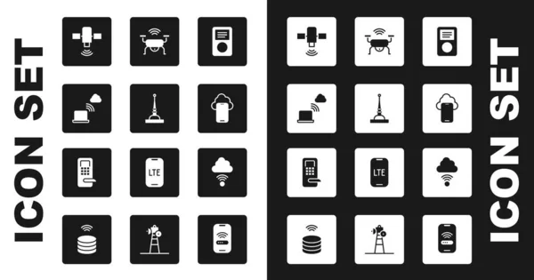 Stel Muziekspeler Antenne Netwerkcloudverbinding Satelliet Cloudtechnologiegegevens Slim Drone Systeem Pictogram — Stockvector