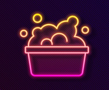 Siyah zemin üzerinde sabun köpüğü simgesi olan parlak neon çizgisi plastik leğen. Sulu kase. Çamaşır yıkama, temizlik malzemeleri. Vektör